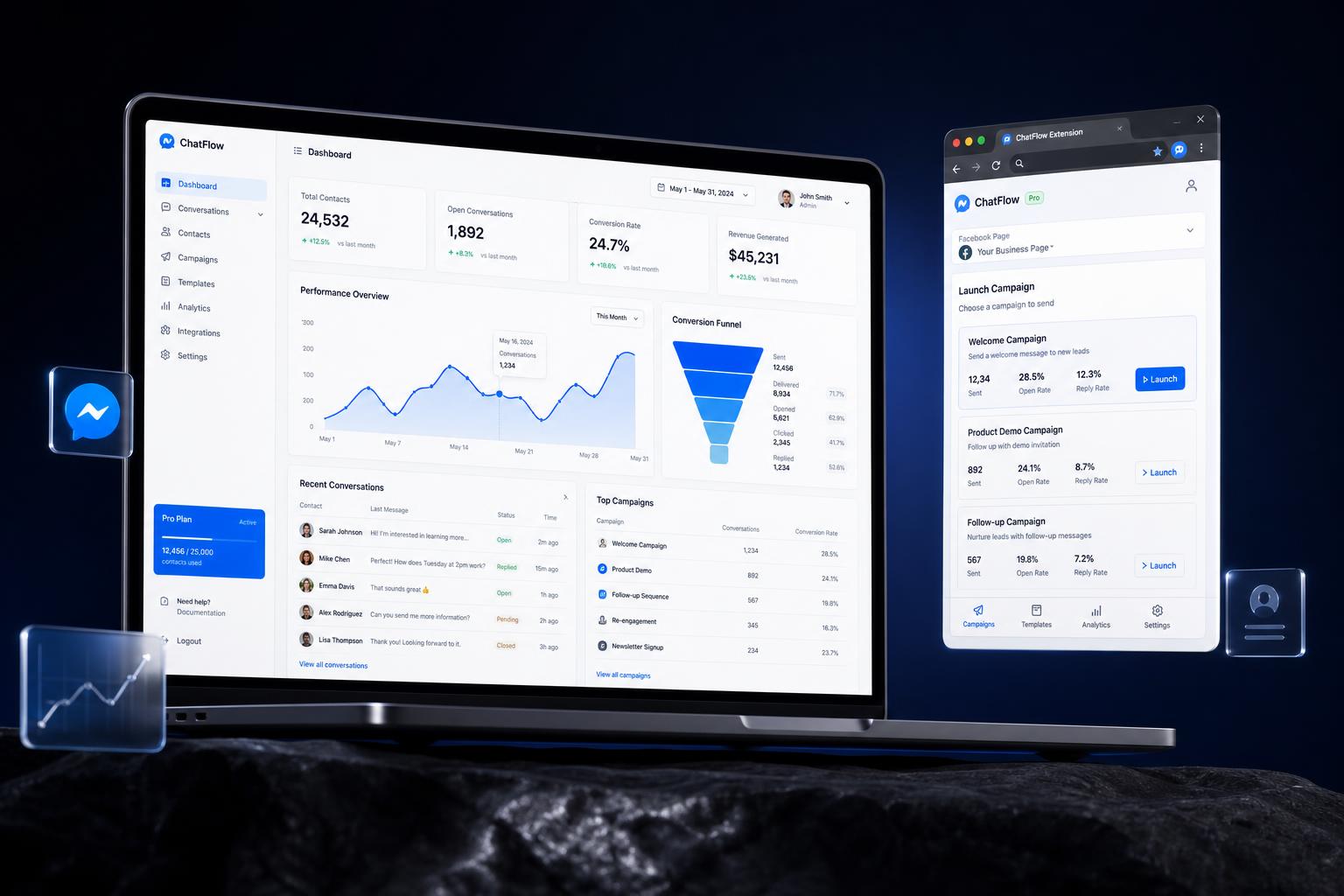 Facebook Messenger automation Chrome extension dashboard preview